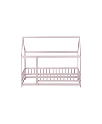 Streamdale Furniture Twin Size House Floor Wooden Bed with Roof Frame Safety Guardrails