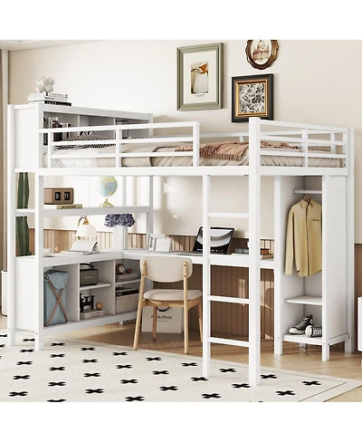 Streamdale Furniture Full Size Metal Loft Bed with Wardrobe L-Shaped Desk and Storage