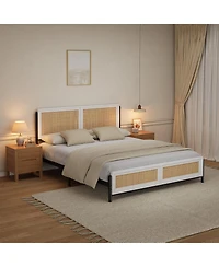 gaomon Boho Style Rattan Bed Frame with Rattan Headboard and Footboard Durable Wood and Metal Platform, Noise Free