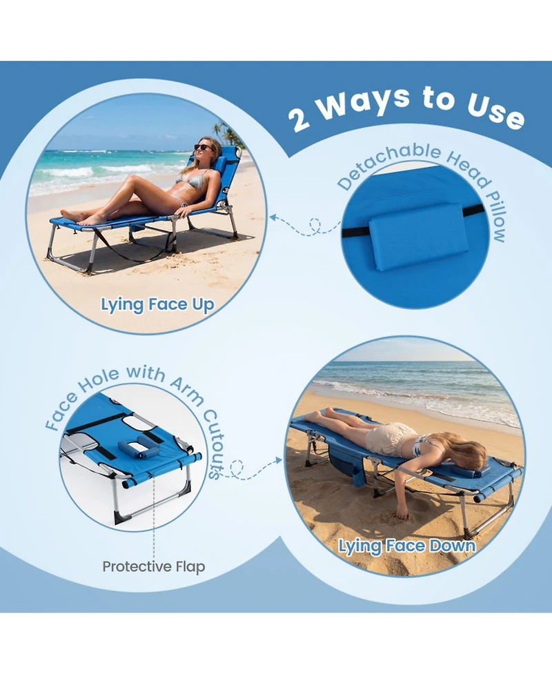 Gouun Set of 2 Portable Tanning Sunbathing Chair with Face Arm Holes 4-Level Tilt