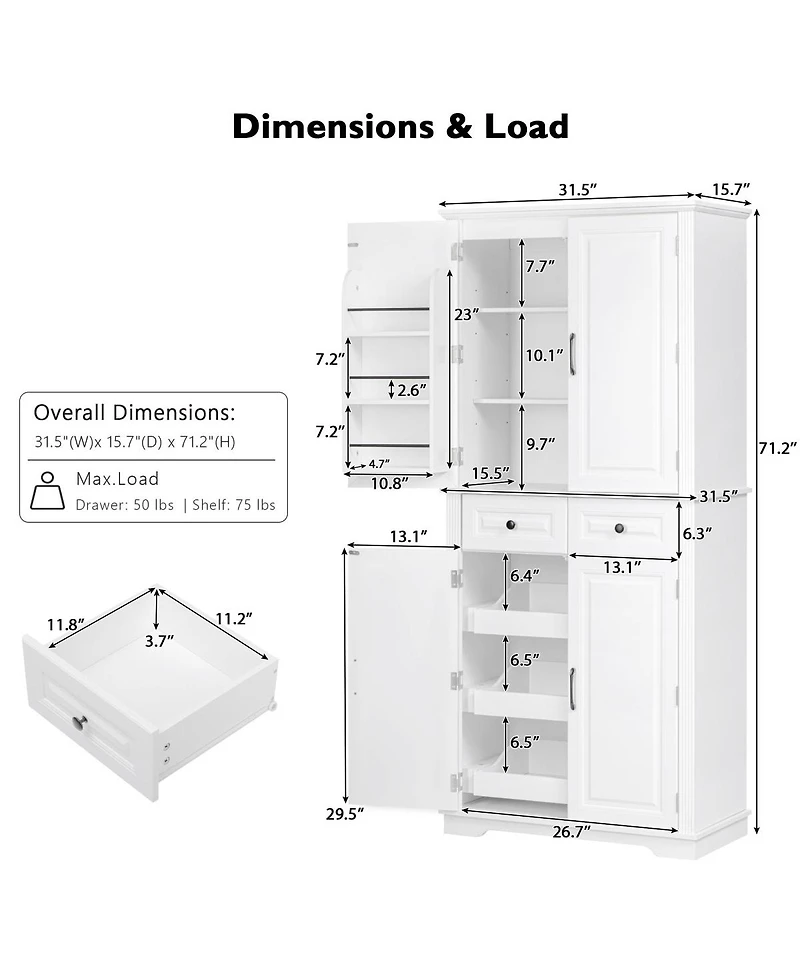 Streamdale Furniture 71'' Tall Farmhouse Kitchen Pantry with 3 Pull-Out Organizers and 2 Drawers