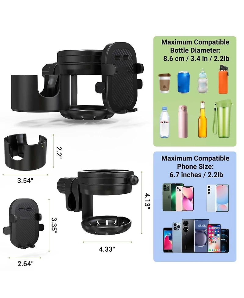 ZealSound 3-in-1 Stroller Cup and Bottle Holder with 360degree(s) Rotating Phone Mount, Universal Fit