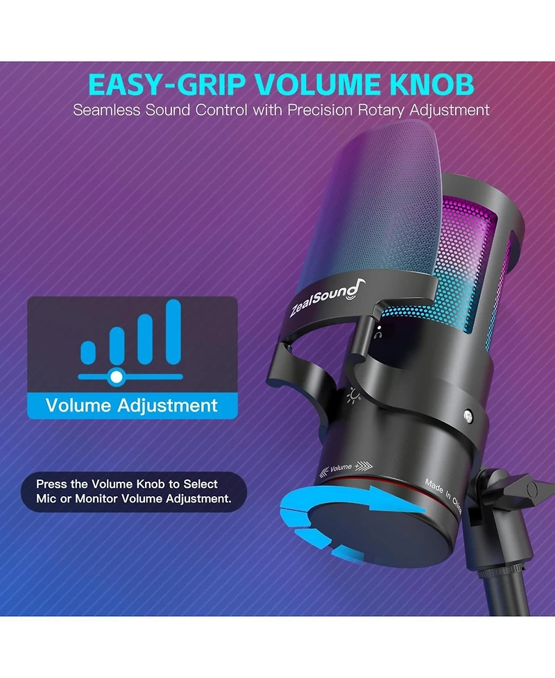 ZealSound Usb Condenser Microphone with Noise Cancellation, Touch Mute, Rgb Light and Volume Control for Streaming, Gaming and Podcasting