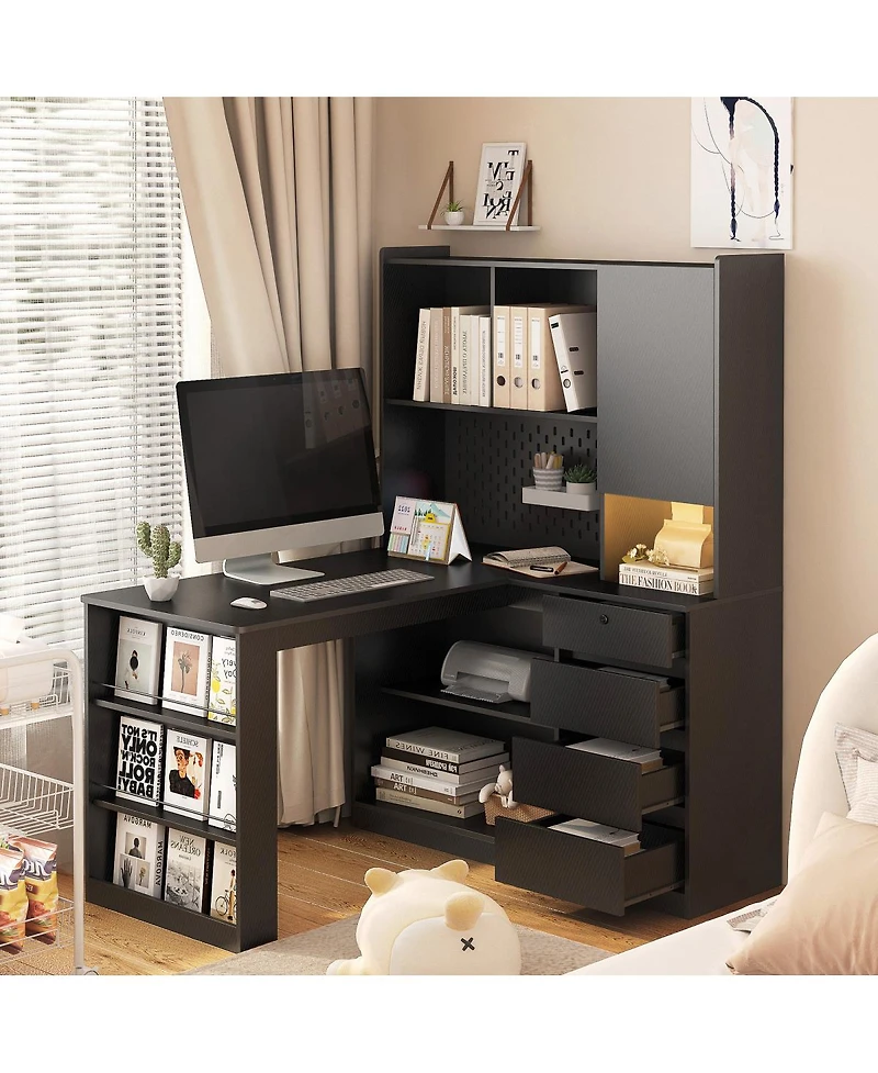 Streamdale Furniture L-Shaped Computer Desk with Drawers Shelves Led Lights and Charging Station