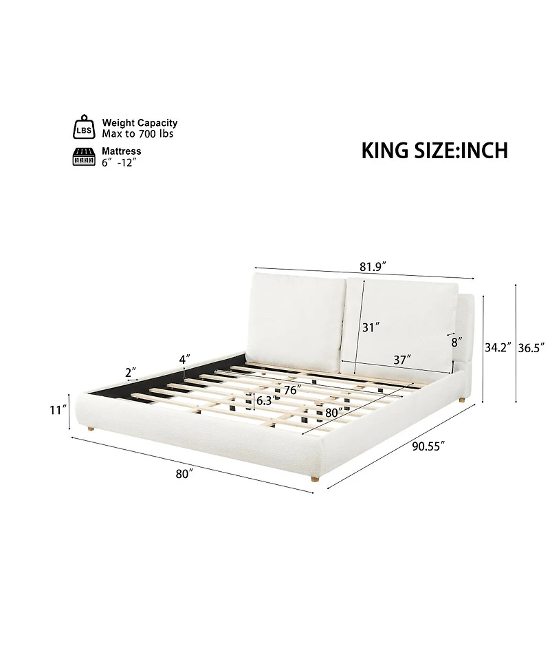 Streamdale Furniture King Size Upholstered Bed Frame with Removable Pillow Headboard