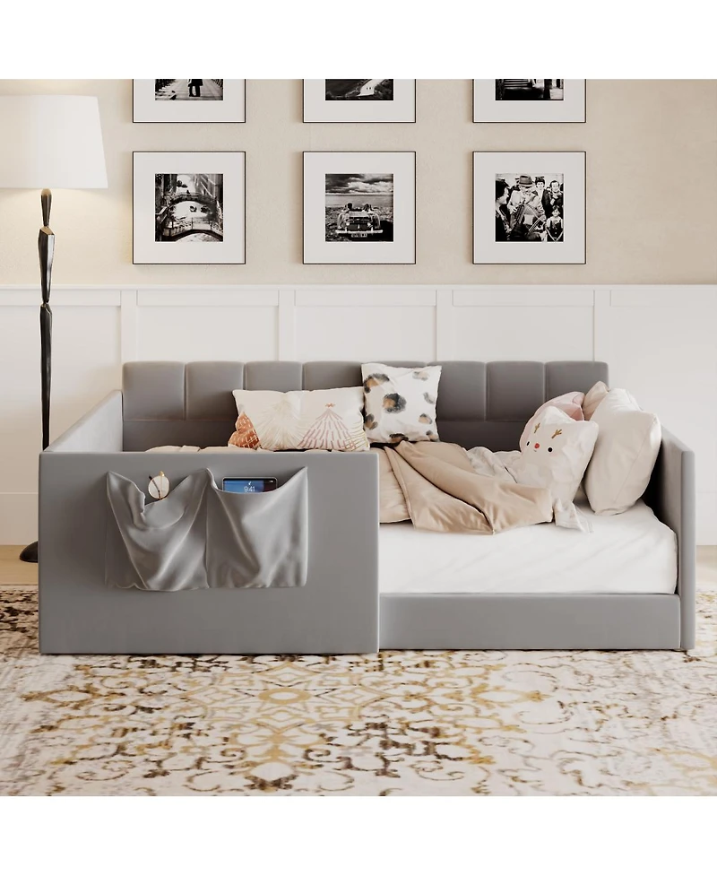 Streamdale Furniture Velvet Upholstered Full Size Daybed with Side Storage Pockets