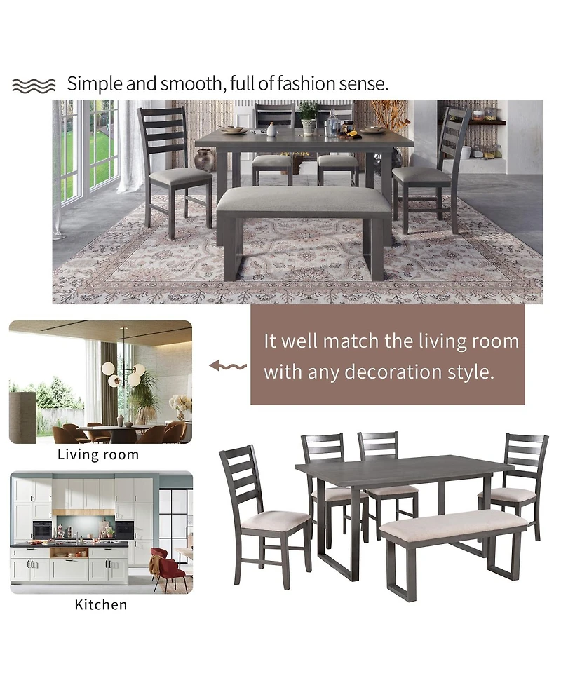 Streamdale Furniture 6-Piece Solid Wood Dining Set with Rectangular Table 4 Chairs and Bench