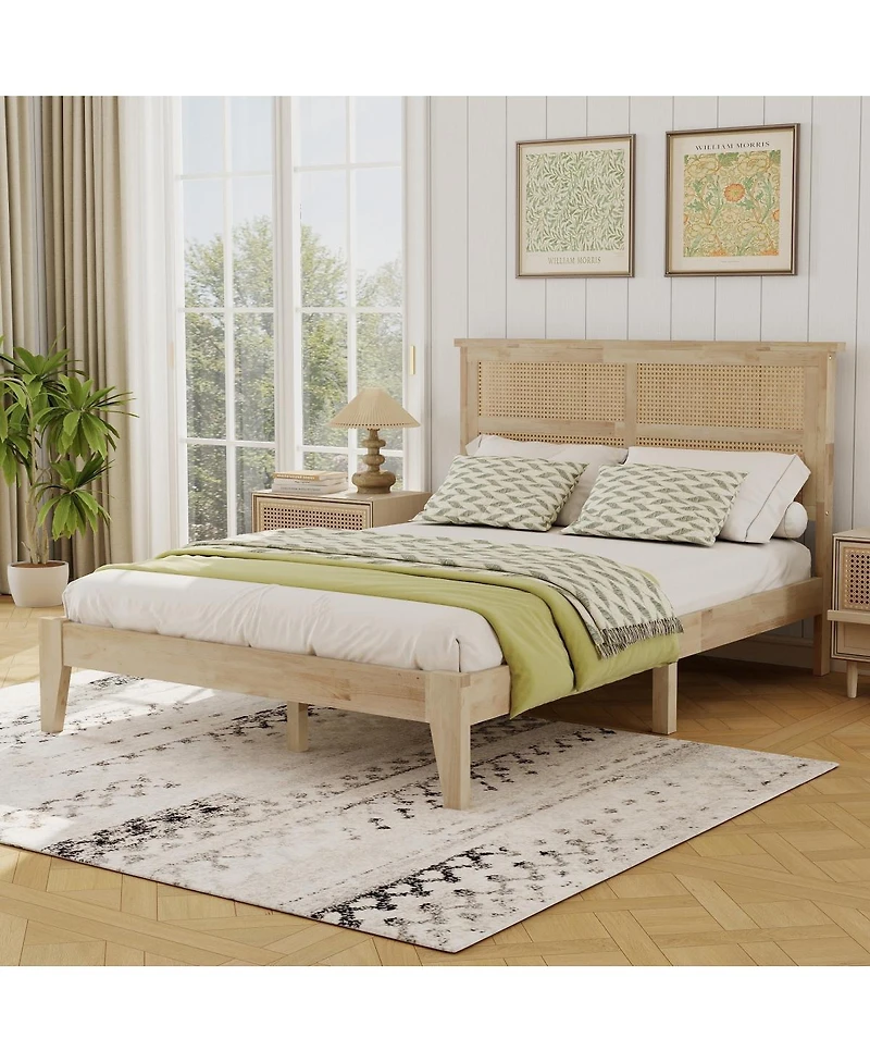 Streamdale Furniture Solid Wood Full Bed with Rattan Headboard and Central Support