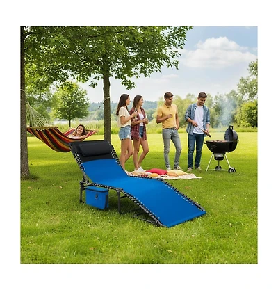 gaomon 5-position adjustable outdoor chaise lounge chair with pillow, side pocket, foldable design, and portable reclining comfort for patio or beach.