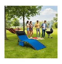 gaomon 5-position adjustable outdoor chaise lounge chair with pillow, side pocket, foldable design, and portable reclining comfort for patio or beach.