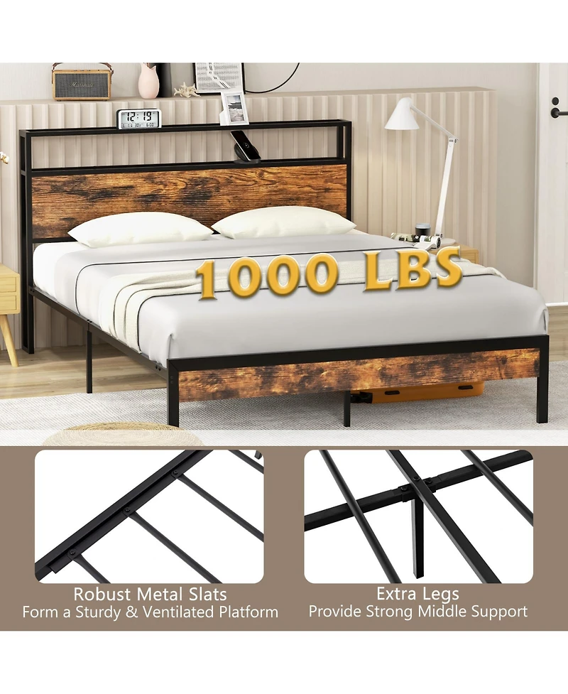 Gouun Bed Frame with Storage Headboard and Charging Station