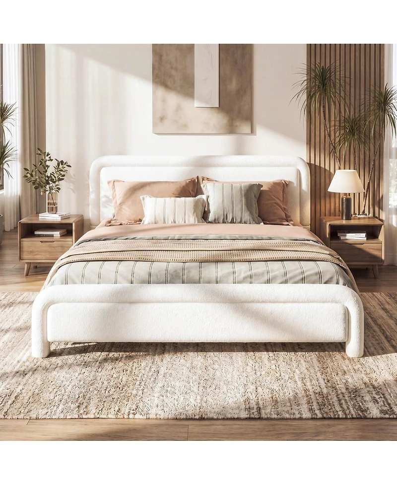 Streamdale Furniture Queen Size Upholstered Boucle Platform Bed with Curved Headboard