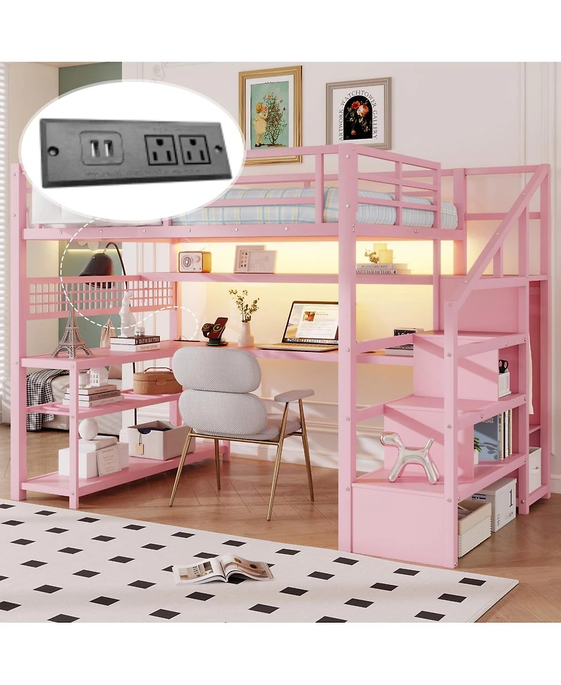 Streamdale Furniture Full Size Metal Loft Bed with Staircase Desk Wardrobe and Led Lights