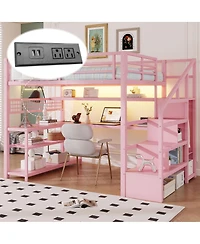 Streamdale Furniture Full Size Metal Loft Bed with Staircase Desk Wardrobe and Led Lights