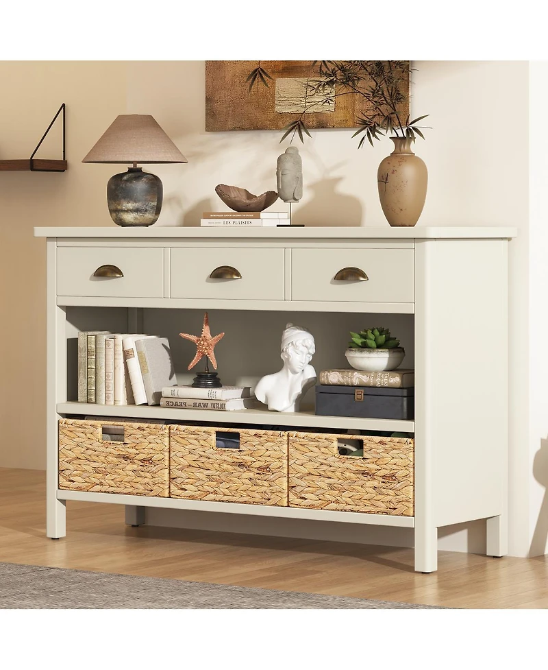 Streamdale Furniture Retro Console Table with 3 Storage Drawers and Woven Baskets