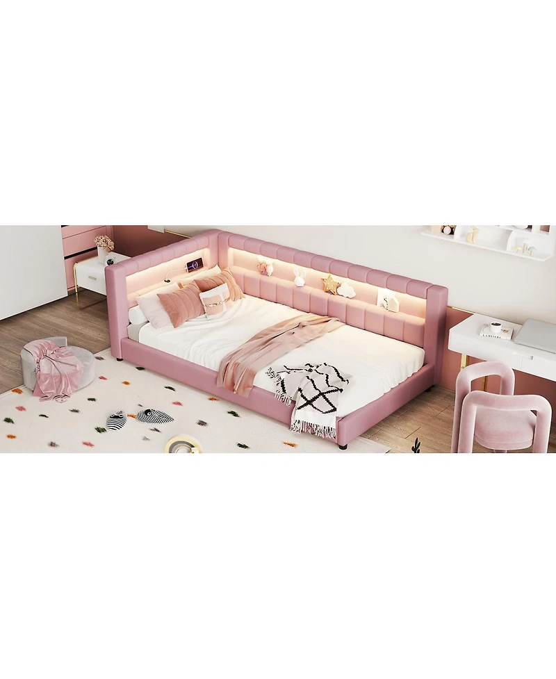 Streamdale Furniture Upholstered Twin Xl Size Platform Bed with Usb Ports and Led Belt
