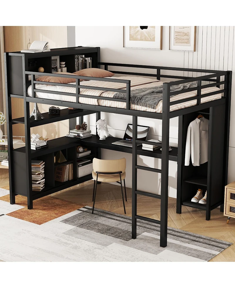 Streamdale Furniture Metal Loft Bed with Wardrobe L-Shaped Desk and Storage