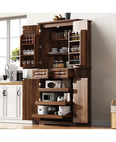 Streamdale Furniture 71'' Tall Farmhouse Kitchen Pantry with 3 Pull-Out Organizers and 2 Drawers