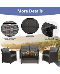 Sugift 4-Piece Rattan Patio Conversation Set with Glass Top Storage Coffee Table