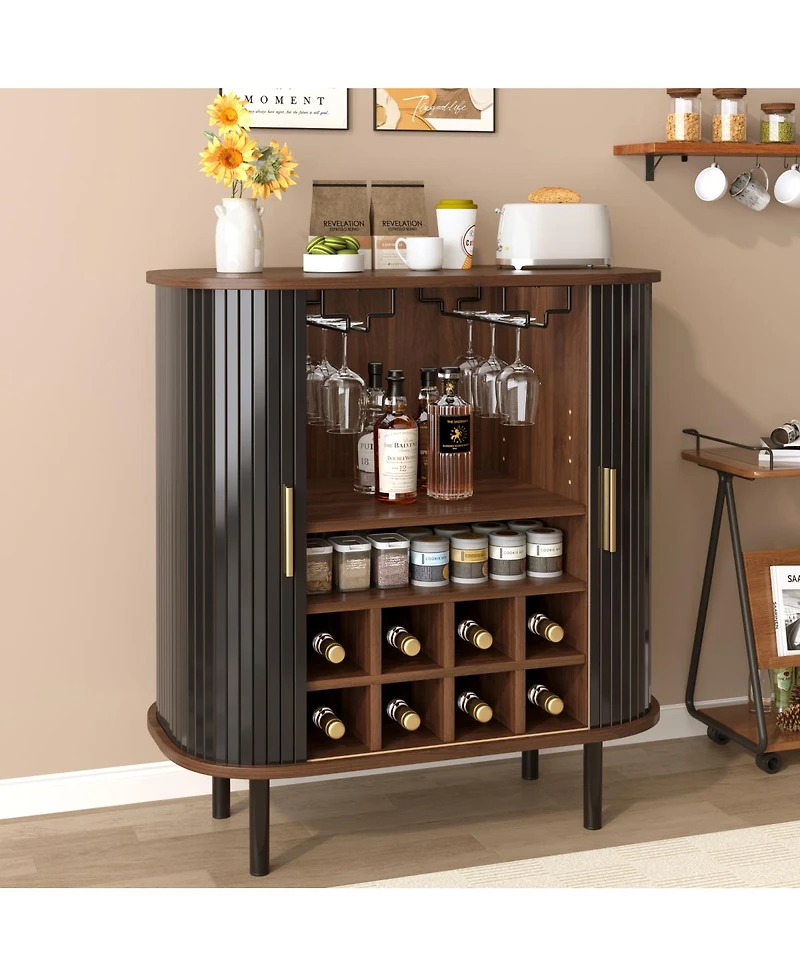 Streamdale Furniture 28'' Fluted Wine Bar Cabinet with Storage Adjustable Shelves and Tambour Doors
