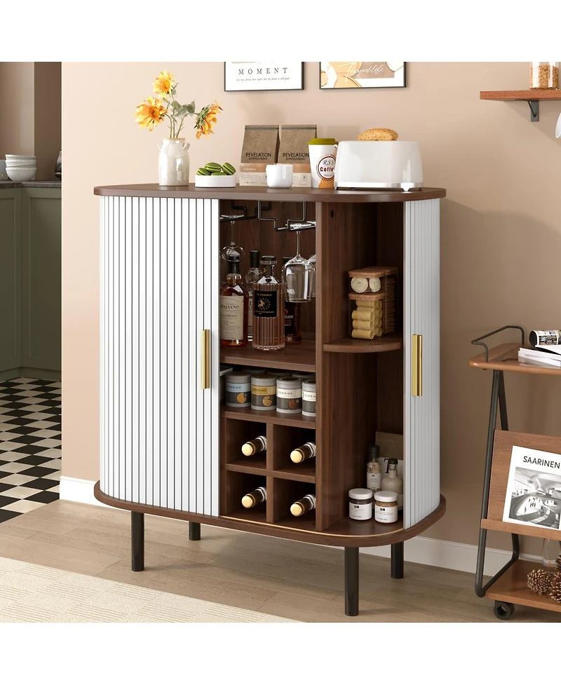 Streamdale Furniture 28'' Fluted Wine Bar Cabinet with Storage Adjustable Shelves and Tambour Doors