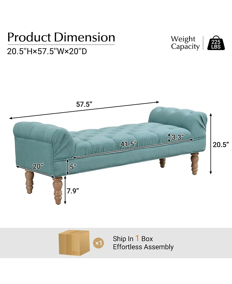 Streamdale Furniture Button-Tufted Upholstered Ottoman Bench with Rolled Arms Dusty Teal