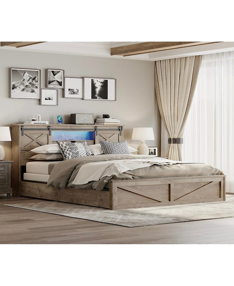 Streamdale Furniture Farmhouse King Bed Frame with Led Lights Charging Station and Storage Drawers