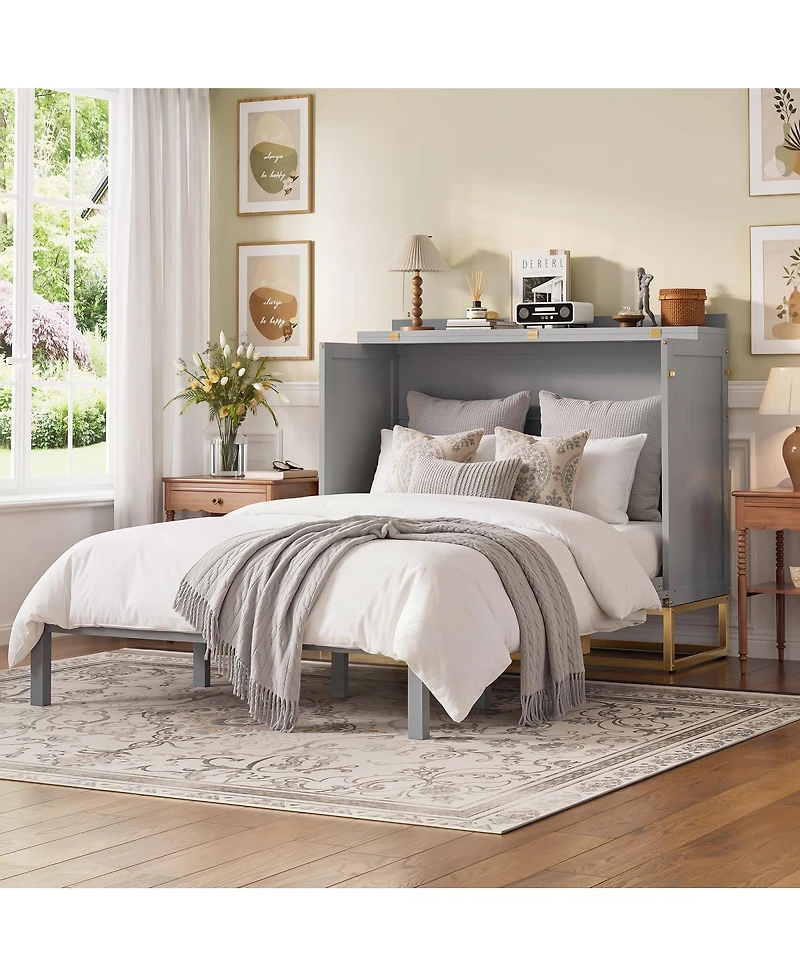 Streamdale Furniture Murphy queen bed with Wooden doors design fake drawers metal legs