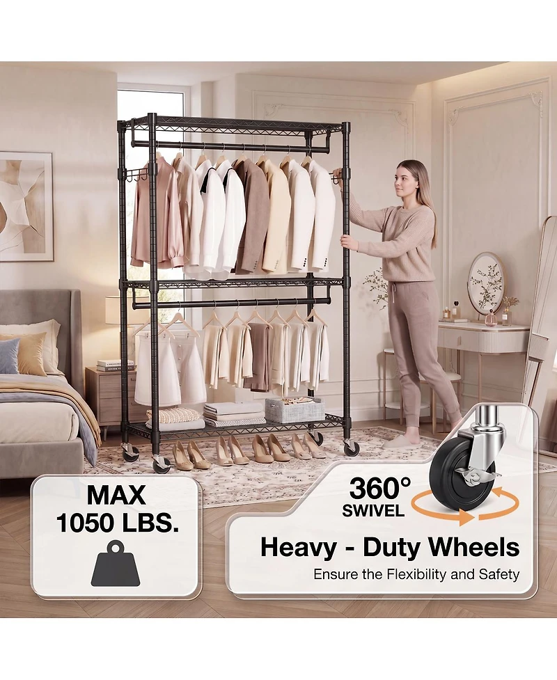 Streamdale Furniture Heavy Duty 3-Tier Rolling Garment Rack with 2 Rods and Side Hooks