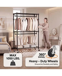 Streamdale Furniture Heavy Duty 3-Tier Rolling Garment Rack with 2 Rods and Side Hooks