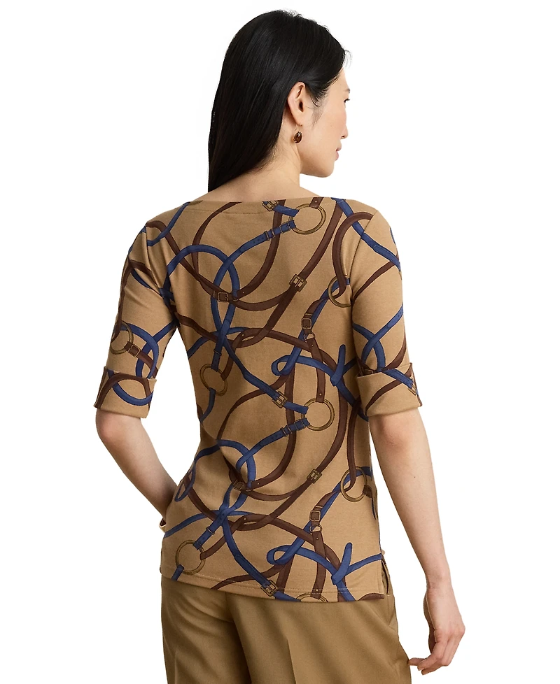 Lauren Ralph Petite Belting-Print Cotton Boatneck Slim-Fit Top