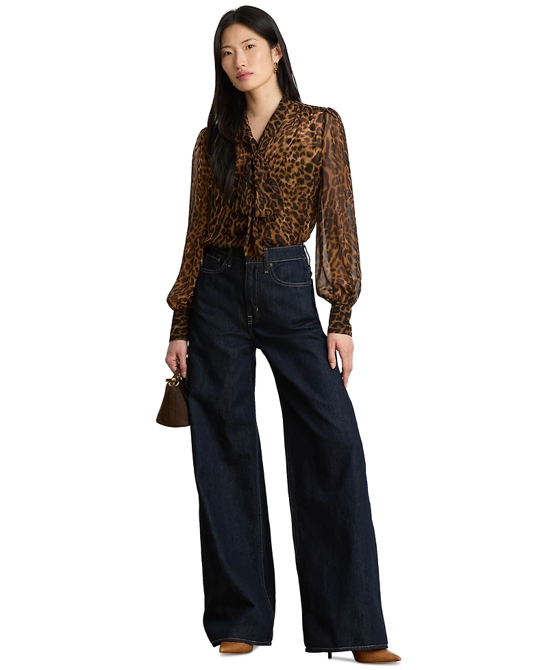 Lauren Ralph Petite Ocelot Print Chiffon Tie-Neck Blouse
