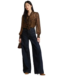 Lauren Ralph Petite Ocelot Print Chiffon Tie-Neck Blouse