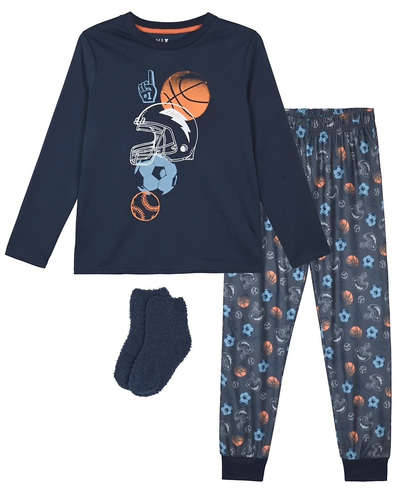 Max & Olivia Boys' 6-14 Sports Graphic T-Shirt, Joggers and Socks, 3-Piece Pajama Set
