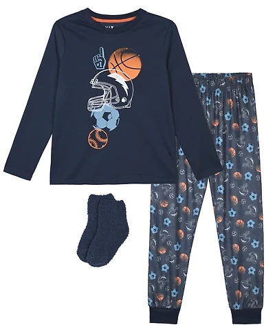 Max & Olivia Boys' 6-14 Sports Graphic T-Shirt, Joggers and Socks, 3-Piece Pajama Set