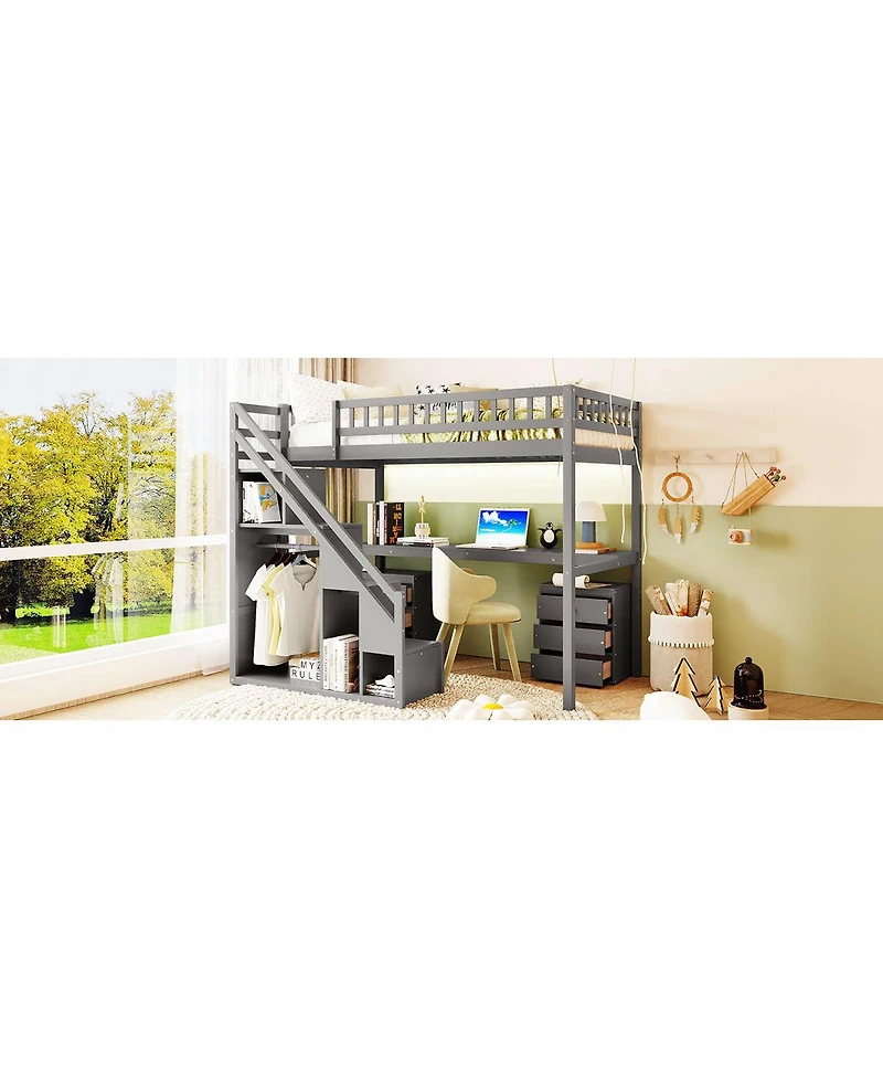 Streamdale Furniture Twin Size Loft Bed with Two Chest of Drawers Desk and Light Strip