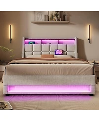 Streamdale Furniture Full Size Upholstered Hydraulic Storage Bed with Led and Charging Station