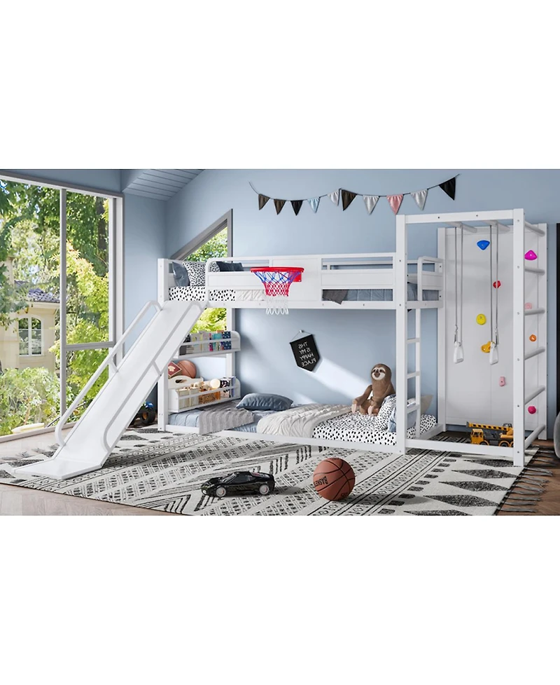 Streamdale Furniture Loft Bed with Basketball Hoop Climbing Wall Slide and Bookshelves