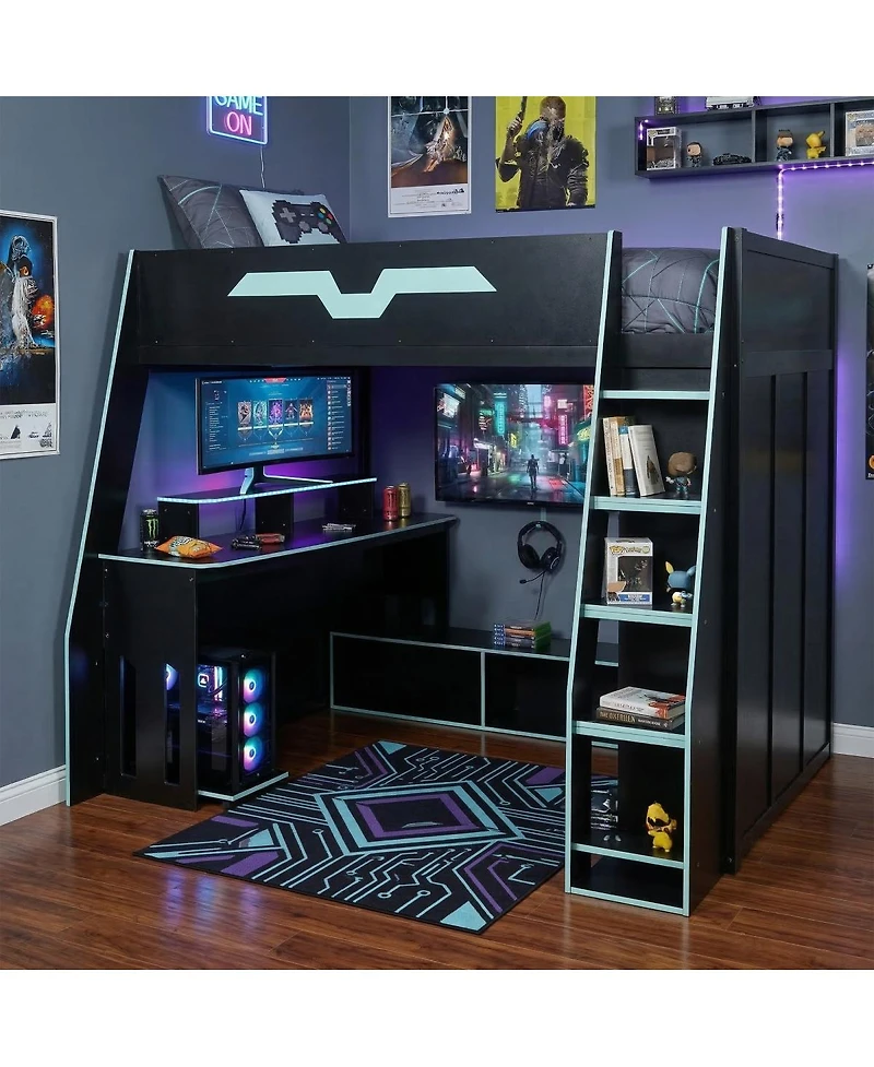 Streamdale Furniture Full Size Wood Loft Bed with Desk Storage Shelves and Rgb Light