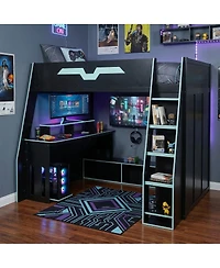 Streamdale Furniture Full Size Wood Loft Bed with Desk Storage Shelves and Rgb Light