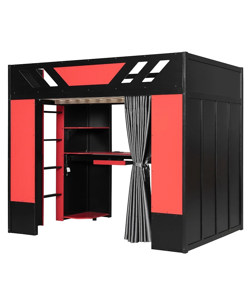 Streamdale Furniture Full Size Wood Loft Bed with Shelves Blackout Curtains and Rgb Lights