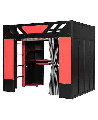 Streamdale Furniture Full Size Wood Loft Bed with Shelves Blackout Curtains and Rgb Lights