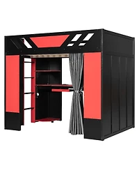 Streamdale Furniture Full Size Wood Loft Bed with Shelves Blackout Curtains and Rgb Lights