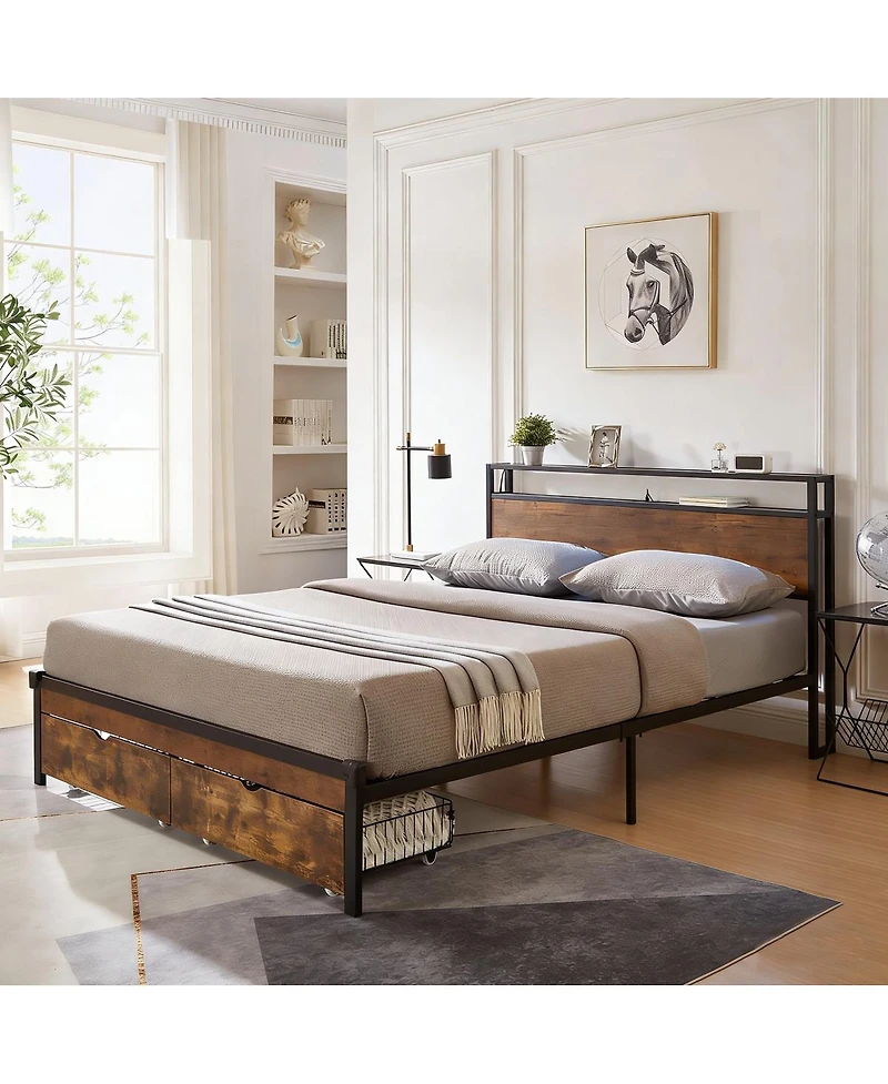 Streamdale Furniture Metal Platform Bed Frame with Wooden Headboard Usb and 2 Drawers