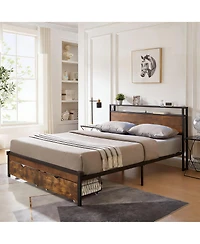 Streamdale Furniture Metal Platform Bed Frame with Wooden Headboard Usb and 2 Drawers