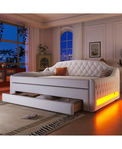 Streamdale Furniture Upholstered Full Size Daybed with Led Belt Trundle and Three Drawers