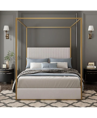 Streamdale Furniture Modern Luxury Metal Canopy Bed with Corduroy Upholstered Headboard King