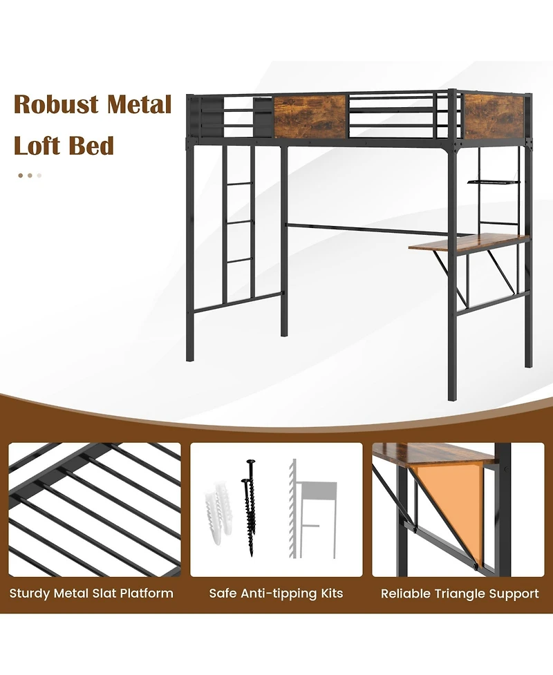 Gouun Twin Size Industrial Metal Loft Bed with Desk Storage Shelf and Build-in Ladder