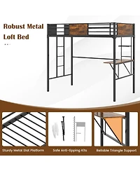 Gouun Twin Size Industrial Metal Loft Bed with Desk Storage Shelf and Build-in Ladder