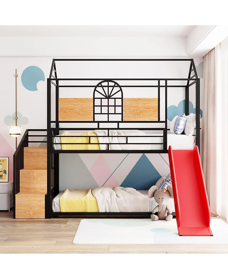 Streamdale Furniture Twin Over Twin Metal House Bunk Bed with Slide and Storage Stairs